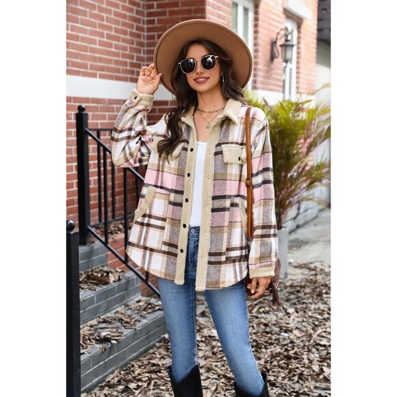 Womens Flannel Jacket Fleece Lined Shacket Fall Outfits Plaid Sherpa Button Down - Picture 4 of 8